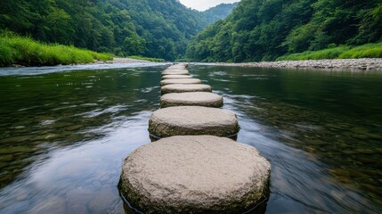 A serene river scene with stepping stones creating a path through the water, surrounded by lush greenery and mountains in the background.