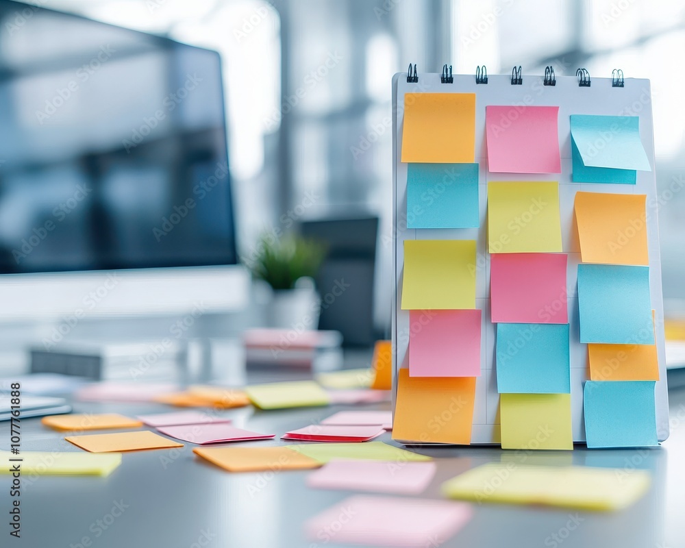 Poster a colorful notepad filled with sticky notes sits on a desk, surrounded by scattered notes, conveying