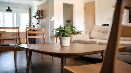 Cozy living room featuring a wooden coffee table, minimalist chairs, and a potted plant, offering a warm and inviting atmosphere suitable for relaxation and gatherings.