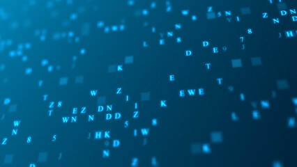 Blue glowing letters and numbers matrix abstract background, horizontal composition. Technology background.