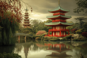 Naklejka premium Serene Japanese garden with a peaceful pond, vibrant red pagoda, and lush greenery under a calming sky.