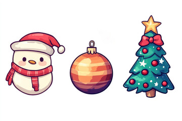 Obraz premium Cartoon decorated christmas tree, ball and snowman in santa hat and scarf on white background