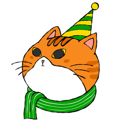 Obraz premium Cartoon Cat with Party Hat and Scarf