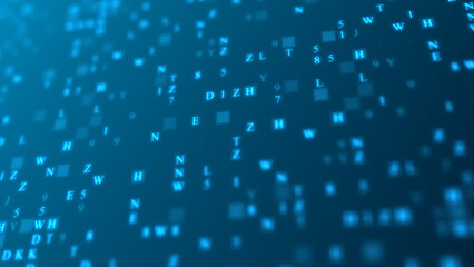 Blue glowing letters and numbers matrix abstract background, horizontal composition. Technology background.