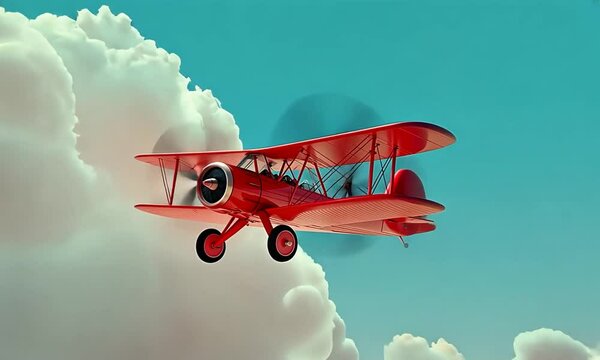 A red biplane flies through the sky, surrounded by fluffy pink and white clouds.