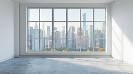 Fototapeta premium Interior view of an empty room in a skyscraper, showcasing the cityscape during the day. The skyline view from a high-rise window offers a gorgeous property with a stunning view.