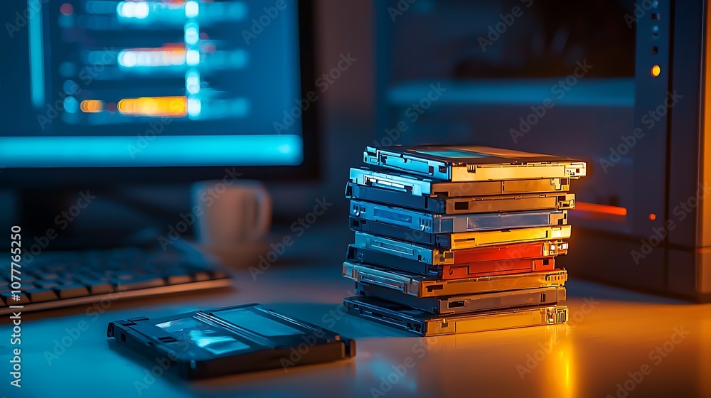 Aufkleber a stack of computer hard drives sits on a desk next to a computer monitor