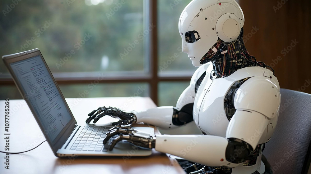 Poster robotic assistant working diligently at a computer desk in a modern office environment