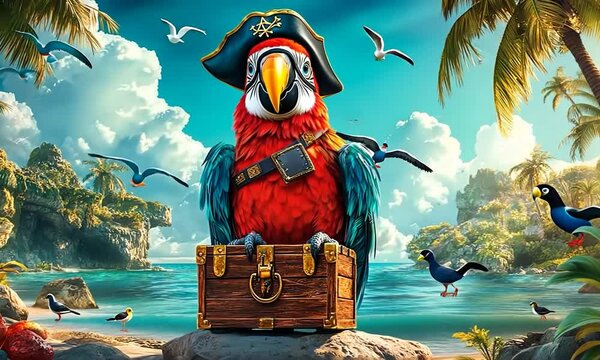 A parrot wearing a pirate hat sits on a rock by the ocean with a treasure chest in front of it.