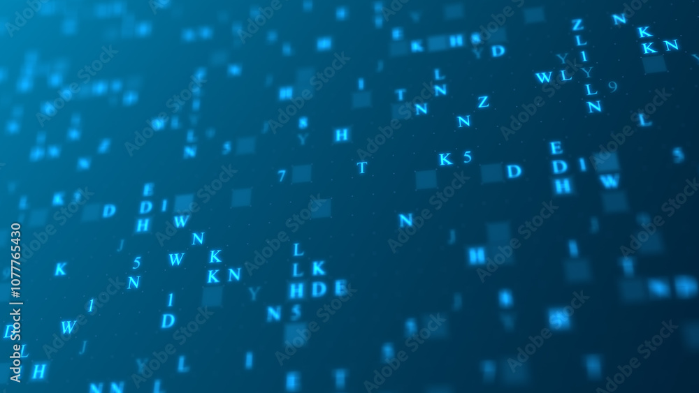 Poster blue glowing letters and numbers matrix abstract background, horizontal composition. technology back