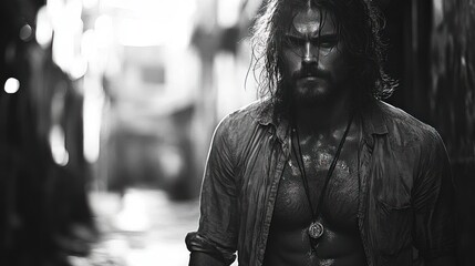 Fototapeta premium A rugged man with long hair stands in a narrow alleyway.