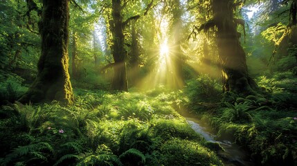 Obraz premium Sunbeams pierce through the canopy of a lush, green forest, illuminating the mossy trees and ferns, while a small stream winds its way through the undergrowth.