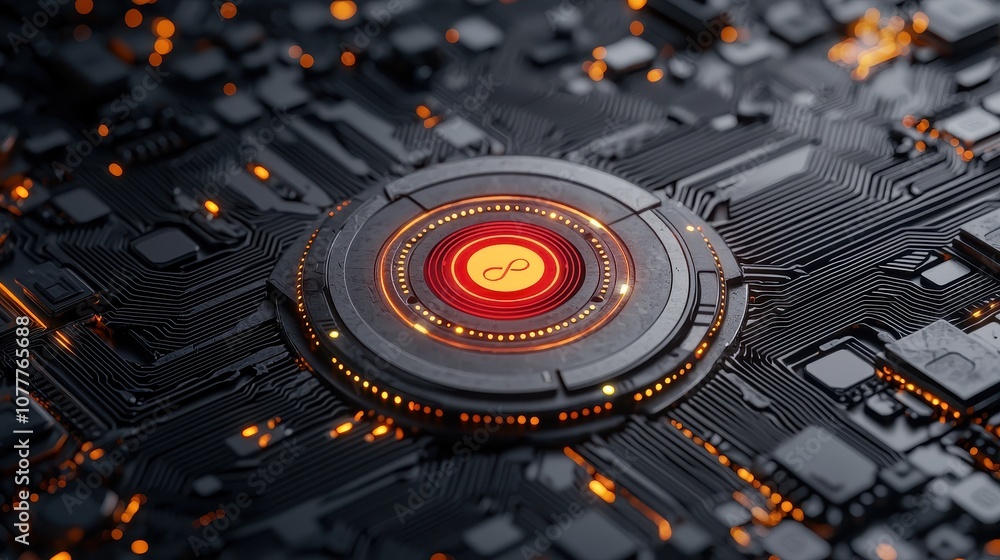 Poster a futuristic circuit board featuring a central glowing element, surrounded by intricate pathways and