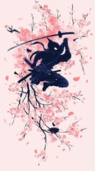 Silhouette of a Ninja Leaping Through a Sakura Tree