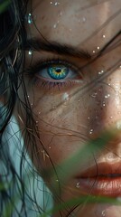 Close-Up Portrait of a Woman with Wet Hair and Blue Eye, Water Drops on Skin, Melancholy Expression