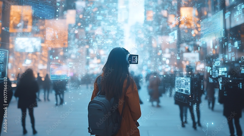 Poster dynamic urban plaza with advanced wearable tech emphasizing the future of personal connectivity and 