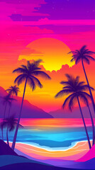 Vibrant sunset over a tropical beach with palm trees and ocean.