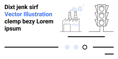 Factory with two chimneys emitting smoke, traffic light with three lamps, abstract lines. Ideal for industry, urban planning, environment, manufacturing, pollution, and technology themes. Landing