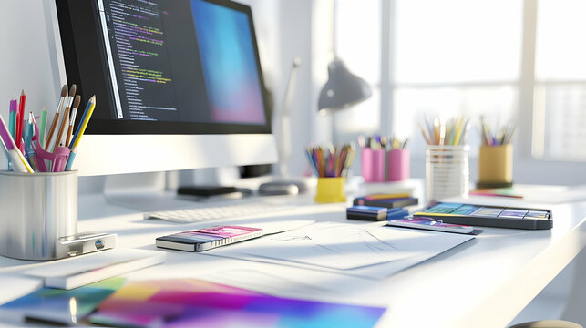 A clean and organized workspace with a computer, pencils, and other design tools.