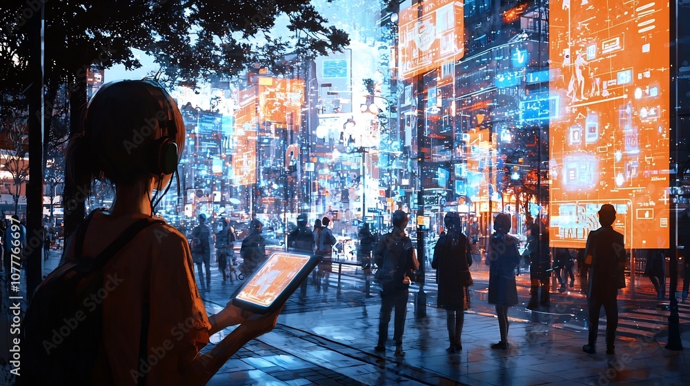 Poster of people using advanced holographic communication devices in a minimalist public setting highlighti