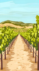 Naklejka premium A picturesque vineyard with rows of grapevines and a dirt path leading towards rolling hills in the distance.