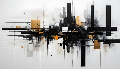 Abstract Cityscape Painting Black Gold White. Generated AI
