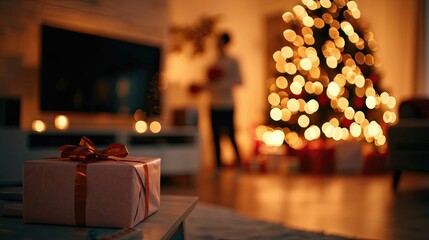Cozy Holiday Evening with Brightly Lit Christmas Tree, Blurred Background of Festive Decorations, and a Gift Box Ready to Be Unwrapped for a Special Celebration