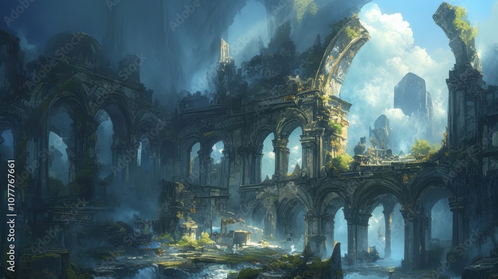 Poster the mist swirled and danced around the old ruins adding a sense of mystery and enchantment to the ab