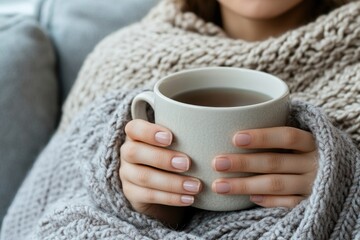 Sick woman sitting quietly on couch, loosely covered with a blanket, hands clutching a cup, feverish state reflected in her tired expression, portraying moment of illness and quiet recovery at home.