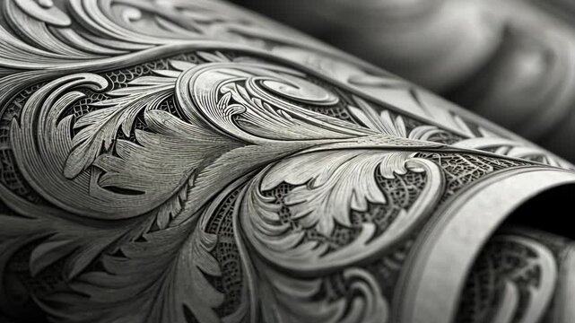 A close-up view of an intricately engraved metal surface, showcasing a beautiful floral design