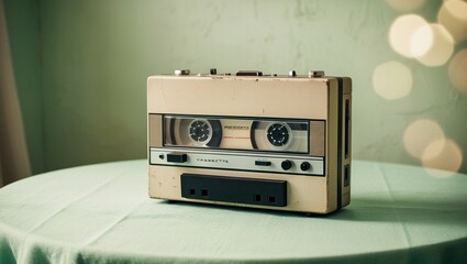 Retro Cassette Tape Recorder from the 80s on Table – Vintage Audio Nostalgia with Mint Green Background