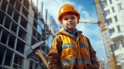 Young boy in a hard hat and safety vest looks thoughtfully at a construction site.