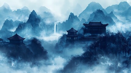 traditional blue and black waterfall landscape painting illustration poster background