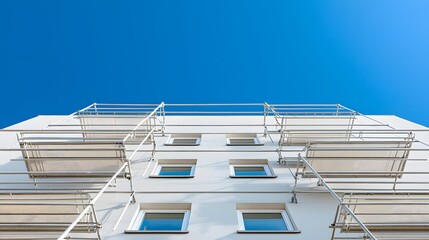 Fototapeta premium scaffolding structure against a high-rise building, showing reinforced steel pipes and platforms arranged meticulously to meet safety standards