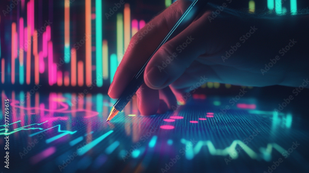 Aufkleber business professional analyzing data trends with colorful charts and graphs in a modern office setup