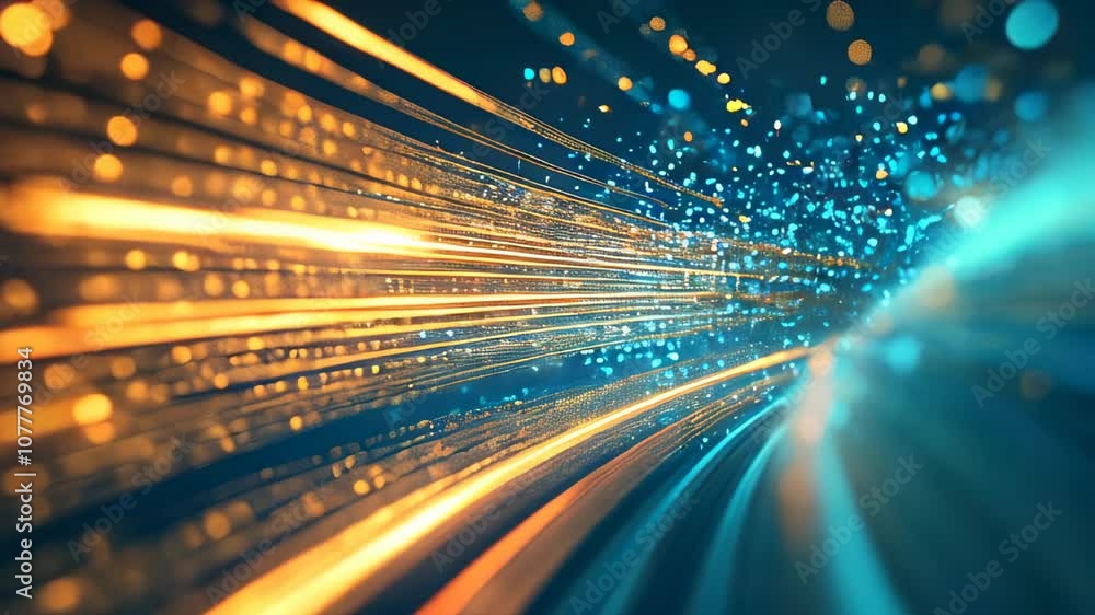 Poster dynamic blue and gold light trails moving through dark space, creating a sense of speed and technolo