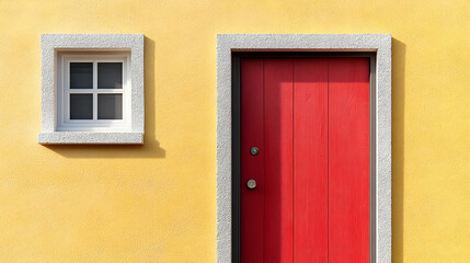 Yellow Wall with a White Trimmed Window and a Red Door - Illustration