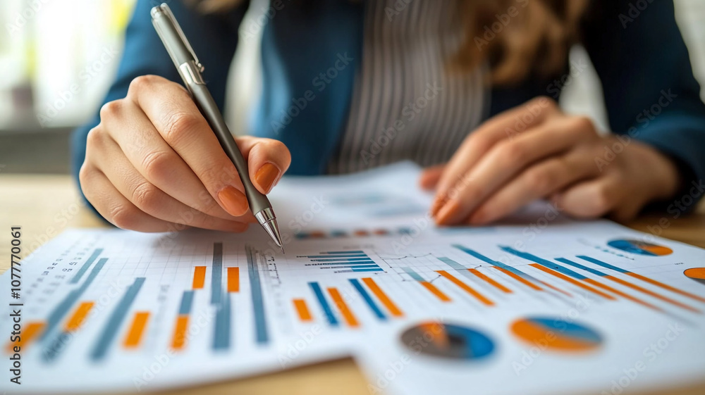 Poster professional analyzing business data with graphs and statistics in a modern office
