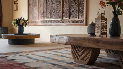 Obraz premium Stylish interior with a wooden coffee table, decorative lantern, and flower vase, showcasing intricate craftsmanship and warm tones.