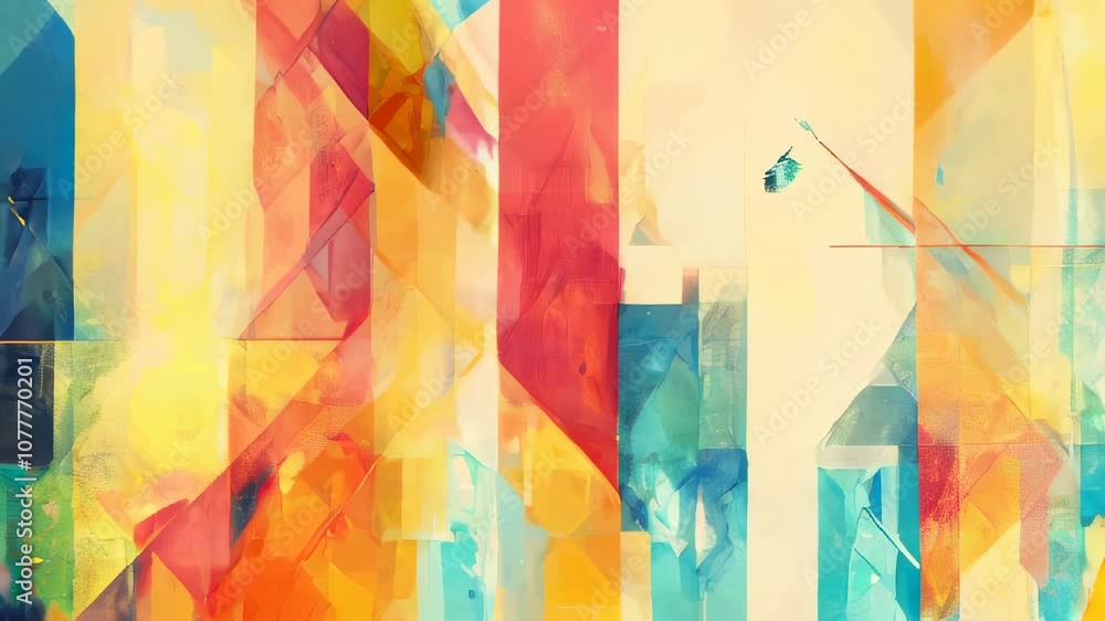 Poster a vibrant abstract composition of overlapping geometric shapes in warm and cool tones, creating a mo