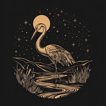a clean line design of an ex libris logo featuring a crane and stream under a starry night.generative ai