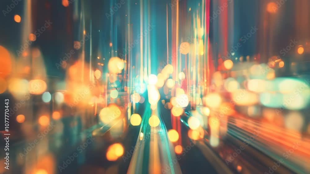Poster vibrant light trails in warm and cool tones with bokeh effects, creating a futuristic and dynamic vi