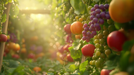 juicy, tasty and bright fruit garden in a magical atmosphere. apples, grapes, lemons