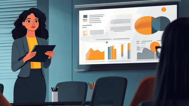 A woman is giving a presentation in front of a group of people