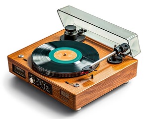 A wooden record player with a black and orange record on it