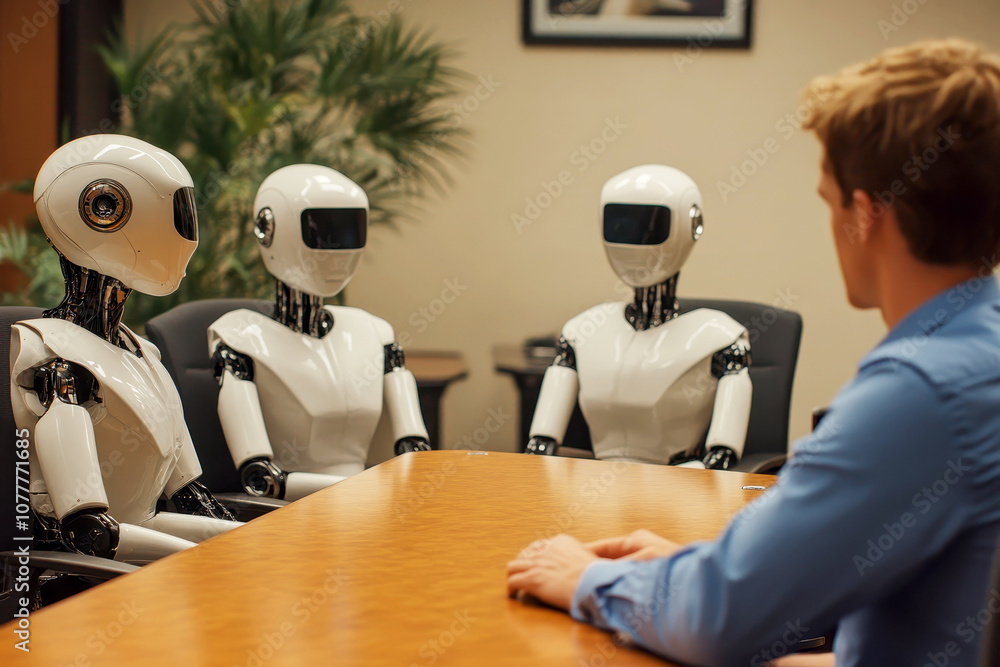 Poster ai robot interview a human at work. generative ai.