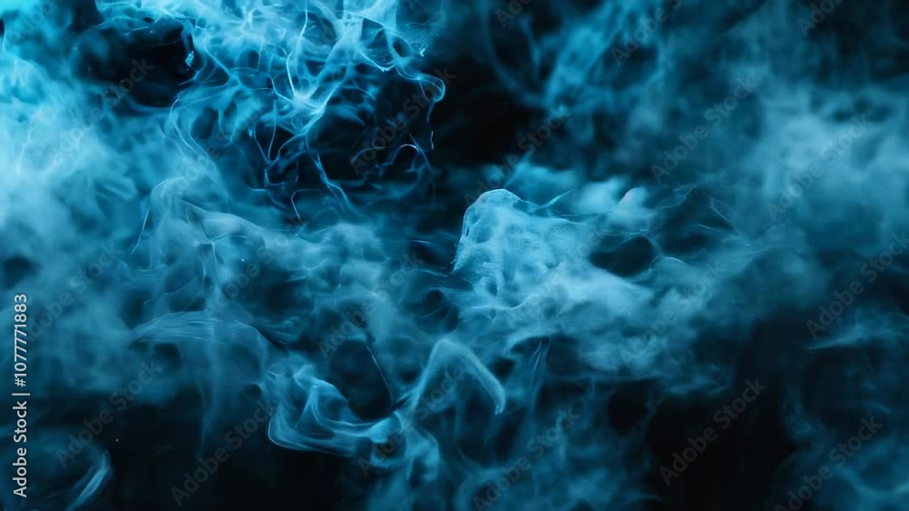 Poster abstract blue smoke patterns swirling and blending against a dark background, creating a mysterious 