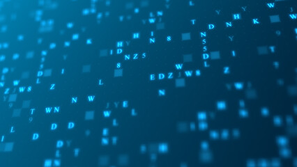 Blue glowing letters and numbers matrix abstract background, horizontal composition. Technology background.