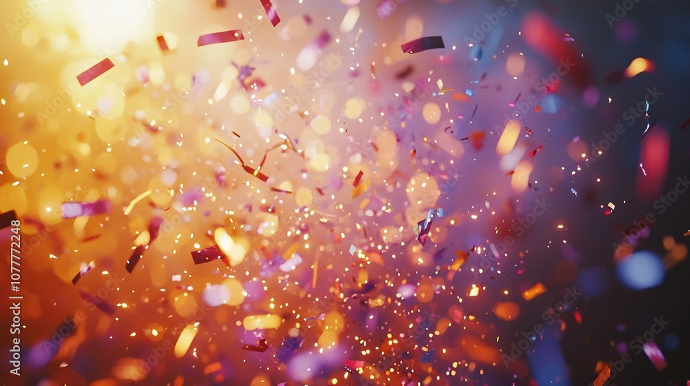 Poster digital artwork featuring a joyful explosion of colorful confetti and shimmering streamers creating 