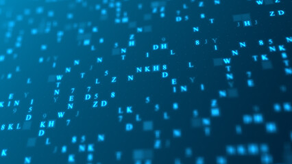 Blue glowing letters and numbers matrix abstract background, horizontal composition. Technology background.